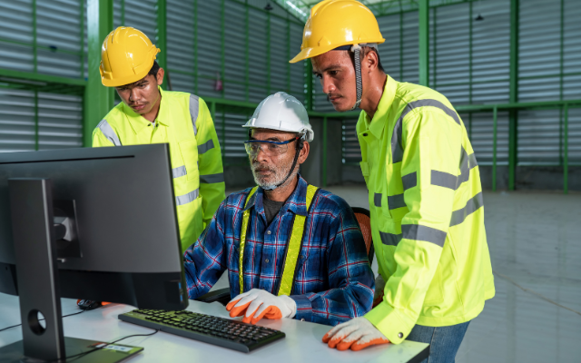 333 personnes devant un ordinateur dans un entrepôt logistique gilet jaune casque