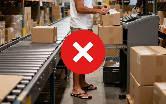 intérimaire en tong dans un entrepôt logistique mauvaise pratique