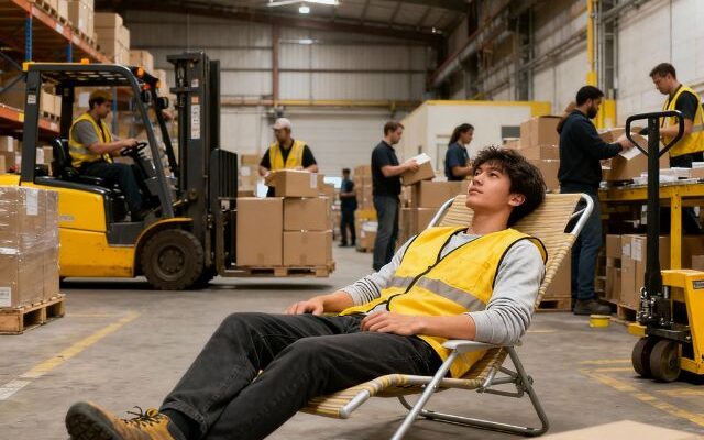 un jeune homme dort sur une chaise longue dans un entreprôt logistique pour dire stop aux idées reçues en intérim logistique avec abn recrutement