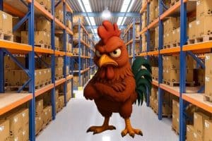 un coq français en colère dans un entrepôt logistique