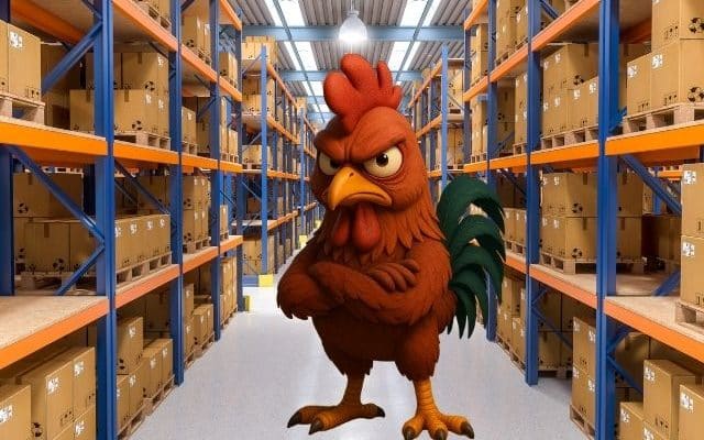 un coq français en colère dans un entrepôt logistique